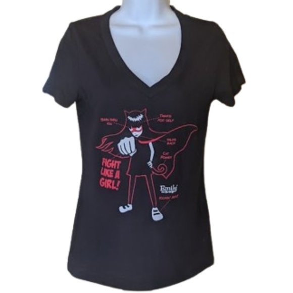 EMILY THE STRANGE Black Red V-Neck T-Shirt-Size Medium NWOT NEW - Picture 2 of 3